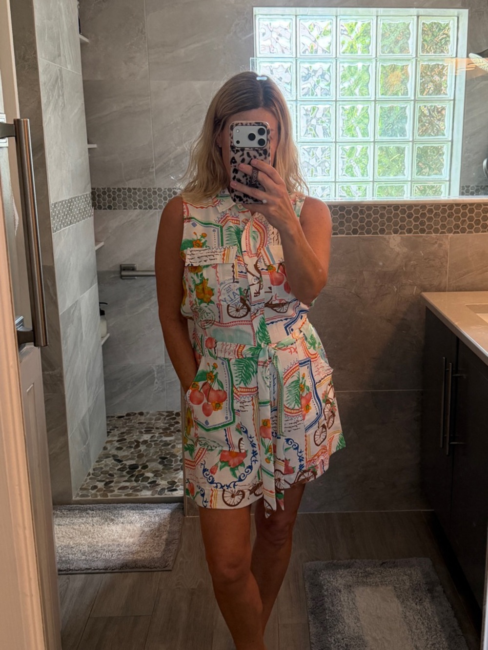 Ninety White Tropical Print Sleeveless Romper with Belt